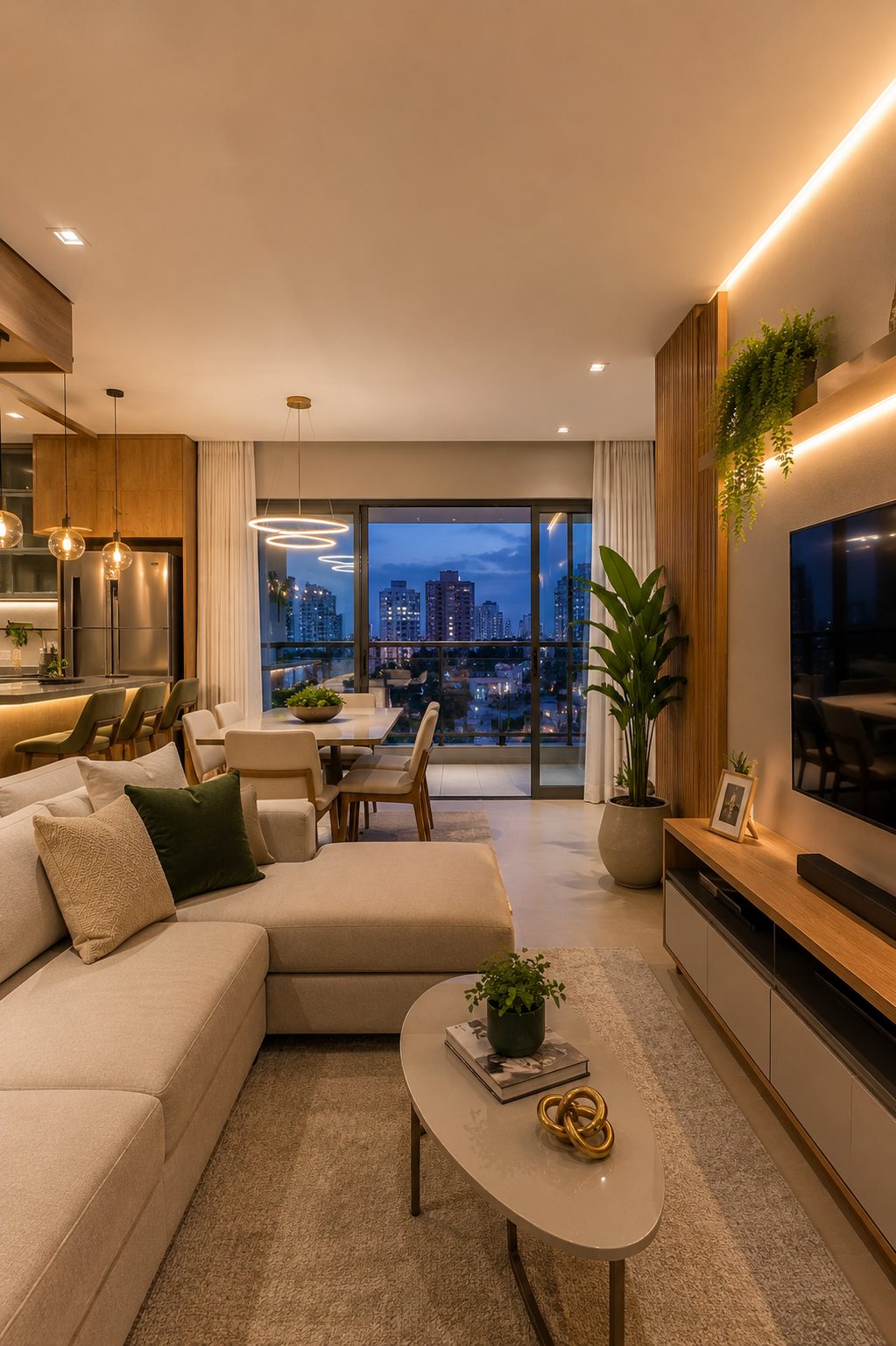 Sala de estar com vista para a cidade ao entardecer